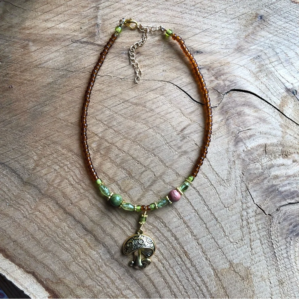 Mushroom Anklet‎ Handmade Beaded Unakite Green Peridot Gold Toned Ankle Bracelet